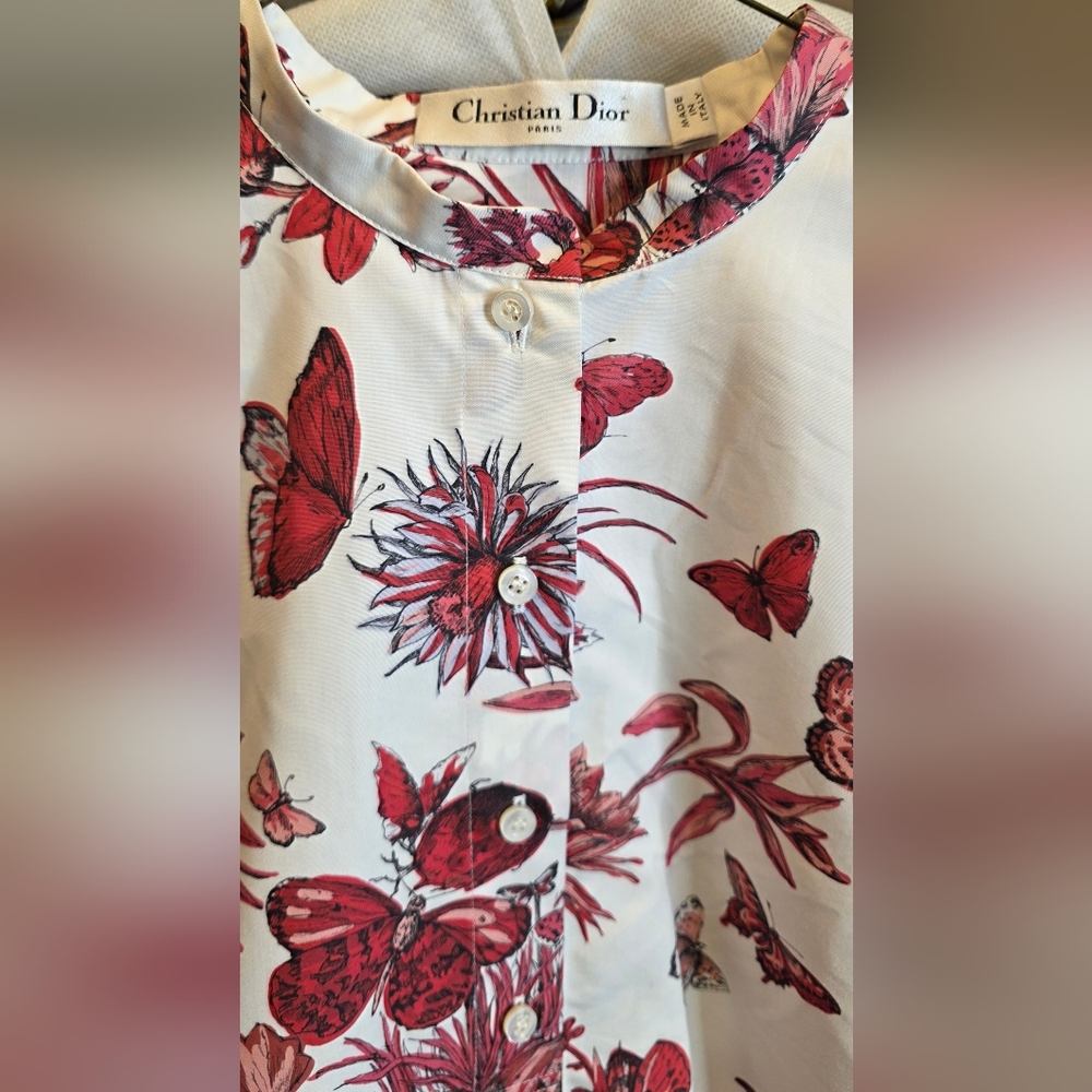 Christian Dior Off White Tunic Red Floral and Butterfly Design Etched CD Buttons